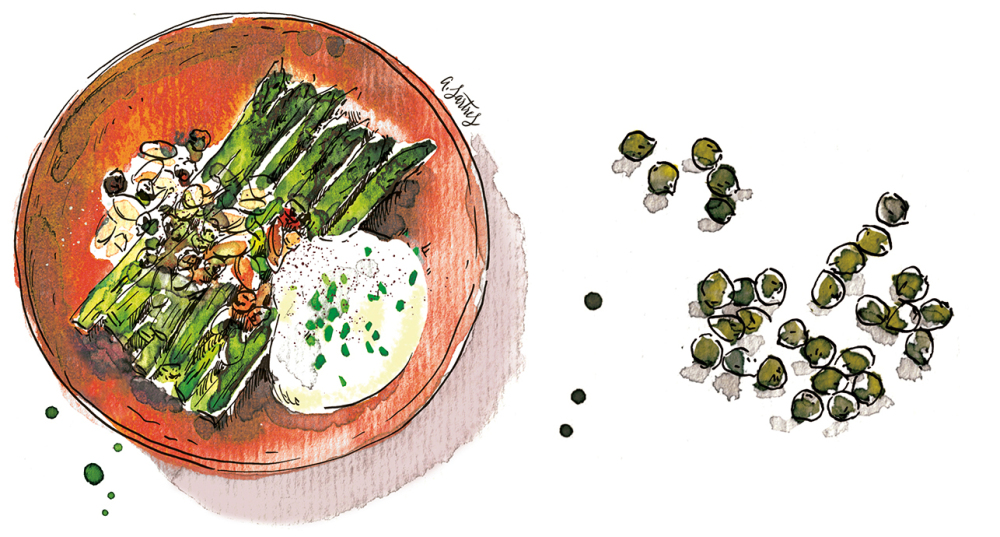 Les asperges aux câpres et aux amandes.