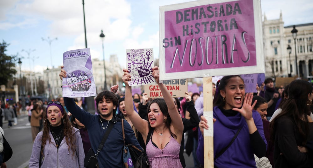 Manifestation à Madrid à l'occasion de la journée internationale du droit des femmes, le 8 mars 2026.