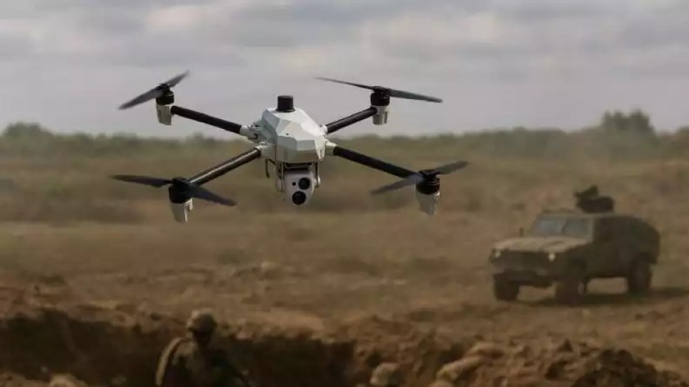 Représentation de la munition téléopérée Damoclès combinant un drone de Delair et une charge de KNDS France.