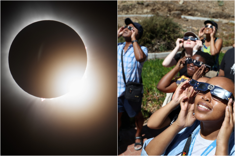 Une éclipse solaire totale est observée à Indianapolis (États-Unis), le 8 avril 2024. Des personnes utilisent des lunettes de protection spéciales pour observer une éclipse solaire en Afrique du Sud.