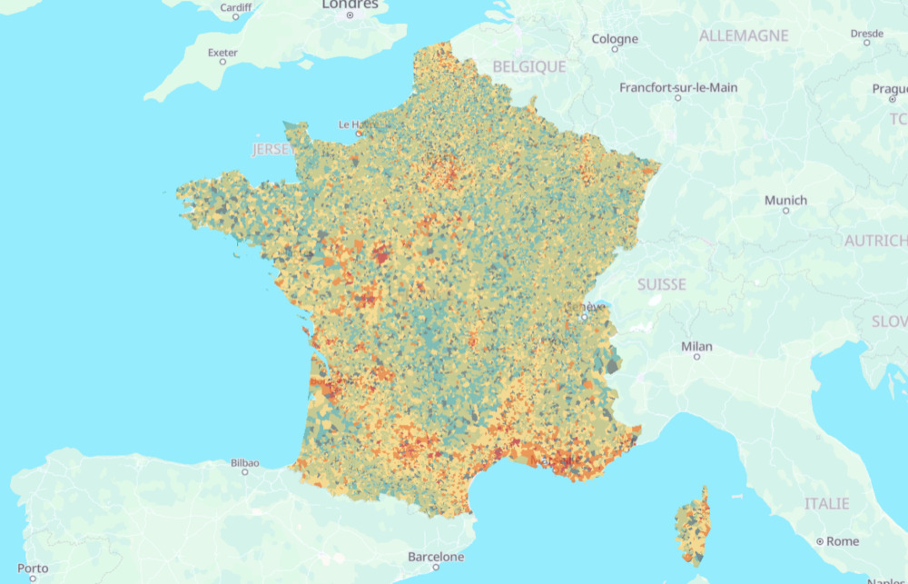 Reclaim Finance et Data For Good ont développé une cartographie permettant d’évaluer la vulnérabilité des communes françaises aux événements climatiques extrêmes (capture d'écran).