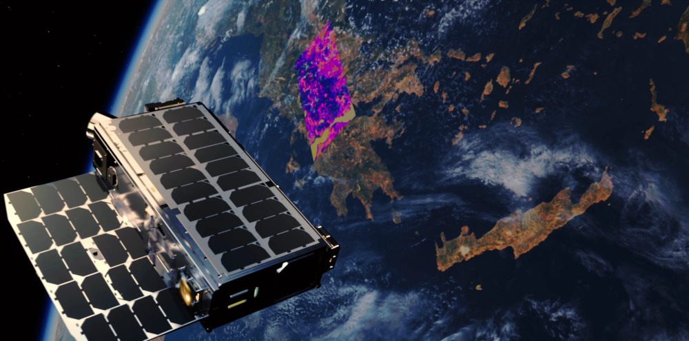 Vue d’artiste d’un cubesat d’Ororatech fourni à la Grèce pour la détection de départ d’incendie en forêt