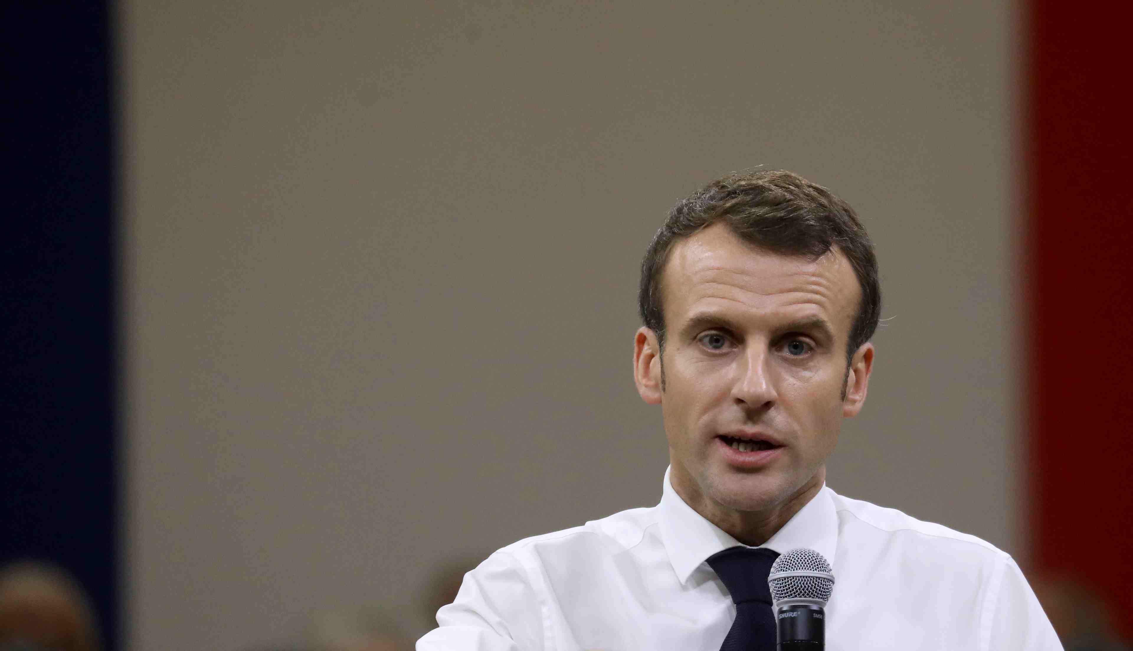 French president emmanuel macron addresses a meeting with the mayors of occitania in souillac