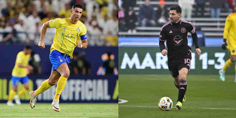 Cristiano Ronaldo (à gauche) sous le maillot d’Al-Nassr et Lionel Messi (à droite) qui a rejoint l’Inter Miami l’été dernier.