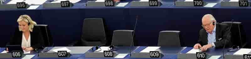 France's far-right national front political party leader and mep marine le pen and her father and party founder and honorary president jean-marie le pen wait for the start of a voting session at the european parliament in strasbourg
