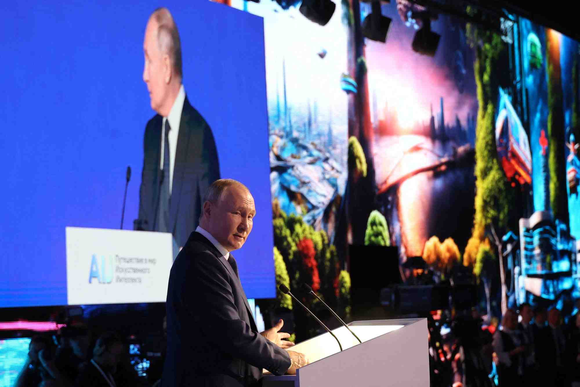 Le president russe vladimir poutine lors de la conference internationale artificial intelligence journey 2023