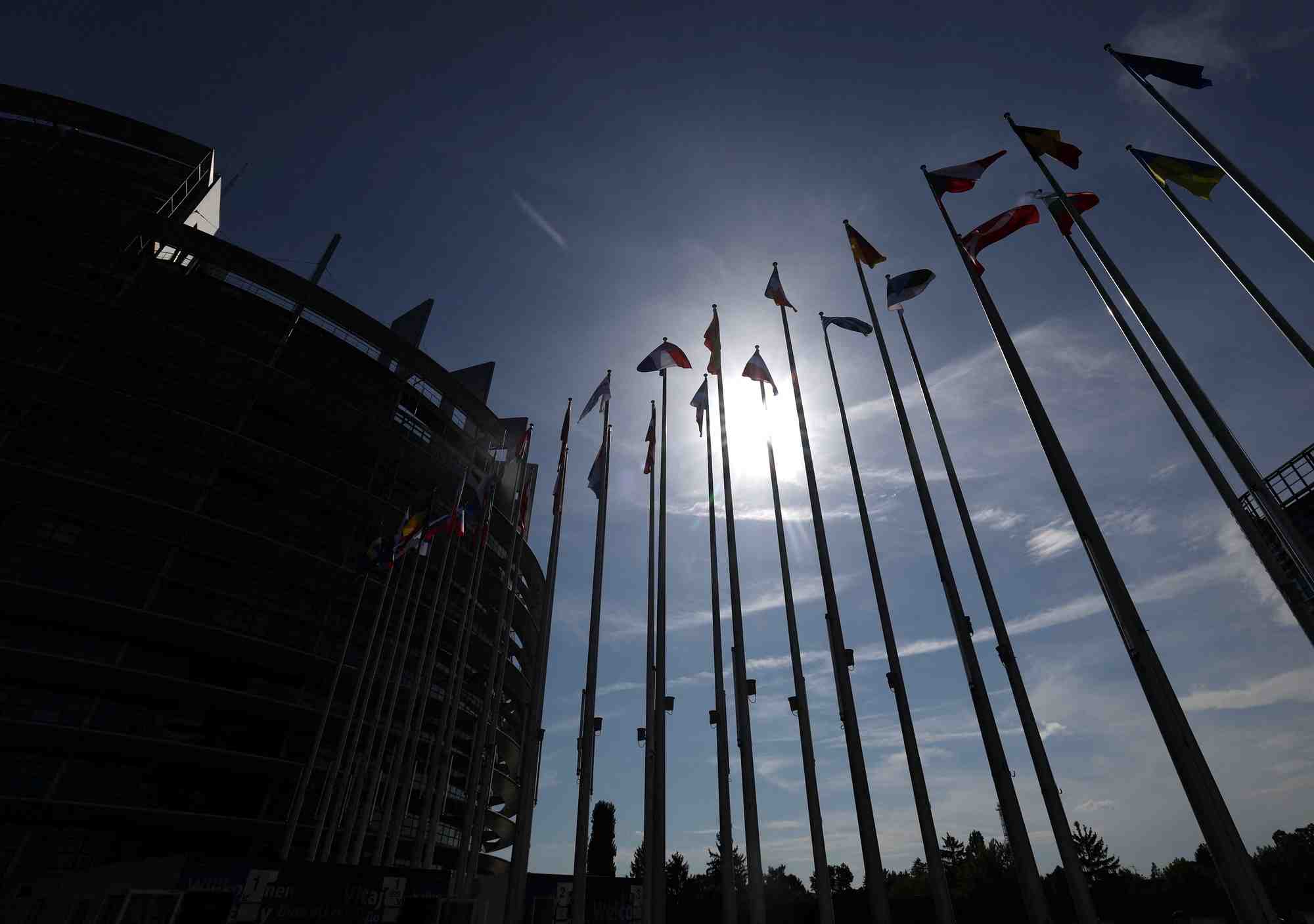Drapeaux devant le parlement europeen a strasbourg