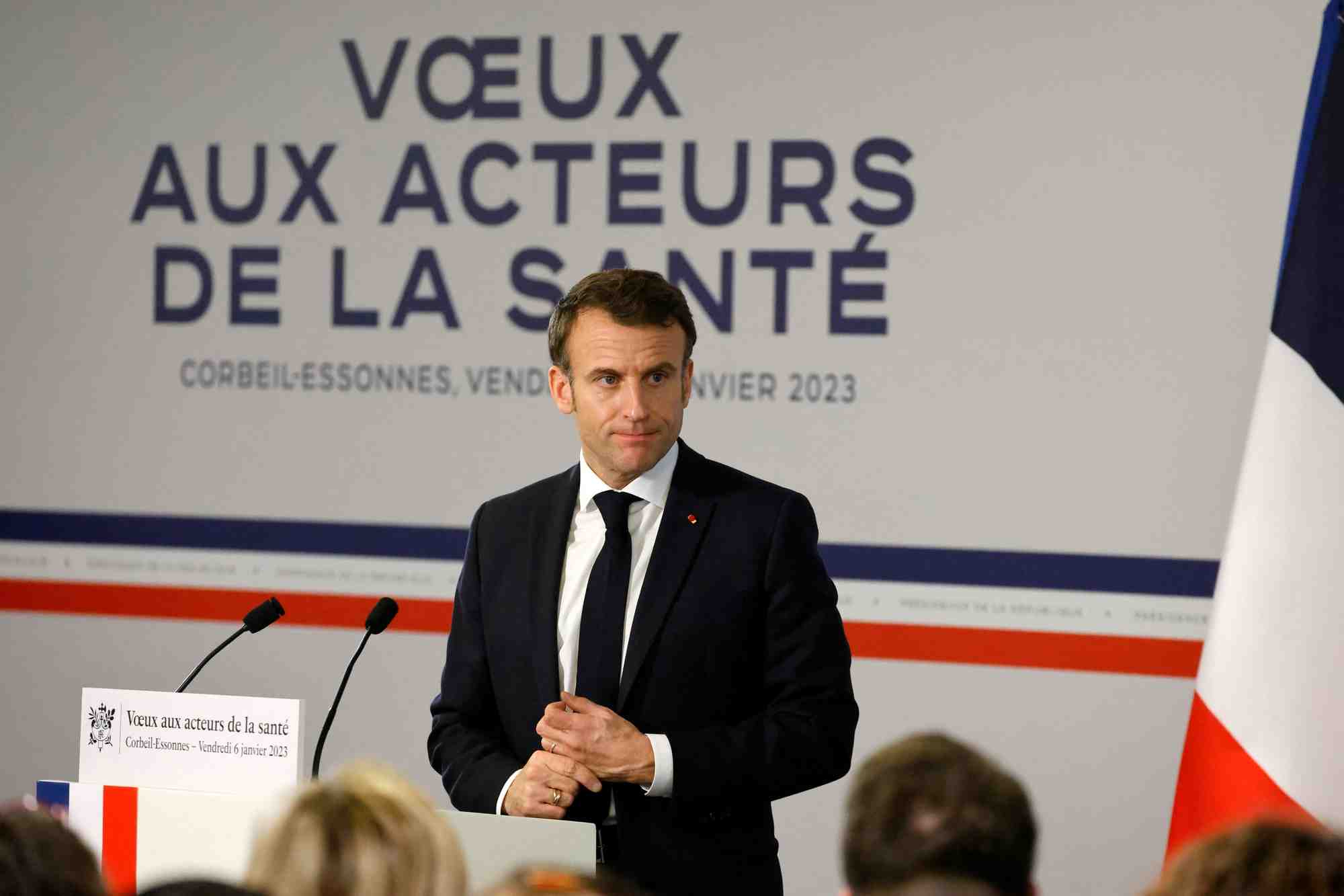 French president emmanuel macron addresses new year wishes to health care workers