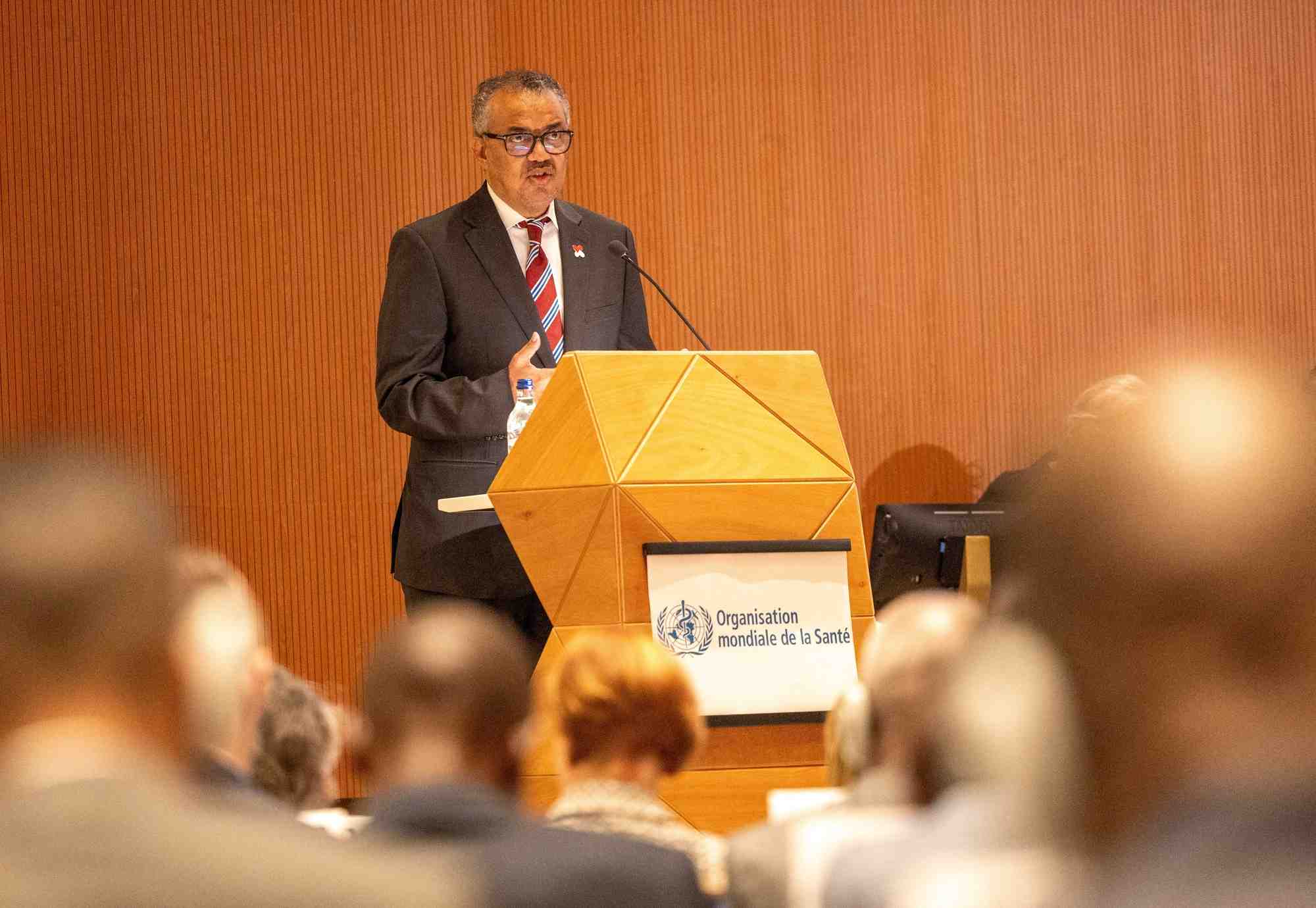 Le directeur general de l'oms tedros adhanom ghebreyesus, lors de l'assemblee mondiale de la sante aux nations unies a geneve