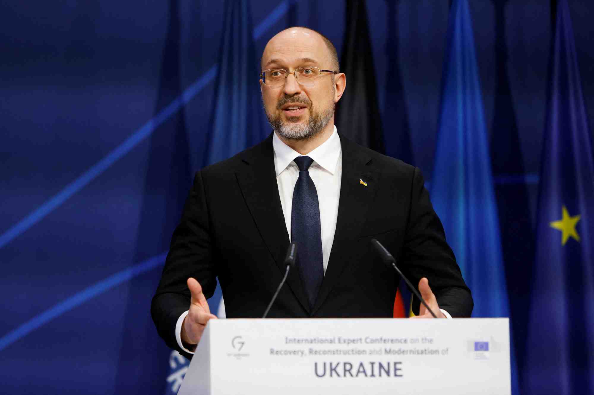 Photo d'archives du premier ministre ukrainien denys chmyhal lors d'une conference a berlin