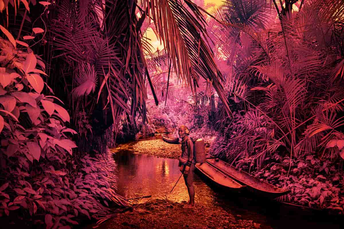Grâce à l’infrarouge, Franck Desplanques donne à la forêt des teintes violettes et rouges, les couleurs fondamentales du peuple Mentawaï d'Indonésie.
