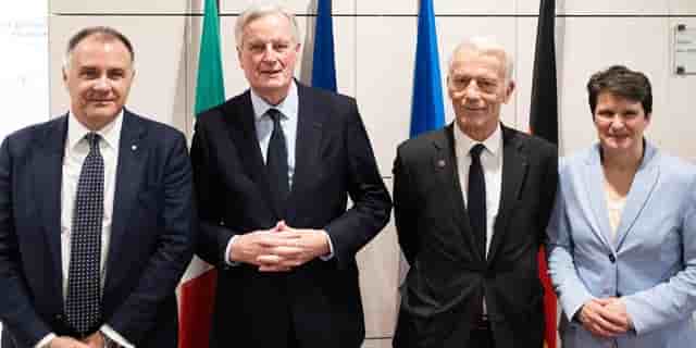 Emanuele Orsini (Confindustria), Michel Barnier (Premier ministre), Patrick Martin (Medef) et Tanja Gönner (BDI) réunis au siège du Medef à Paris ce vendredi.