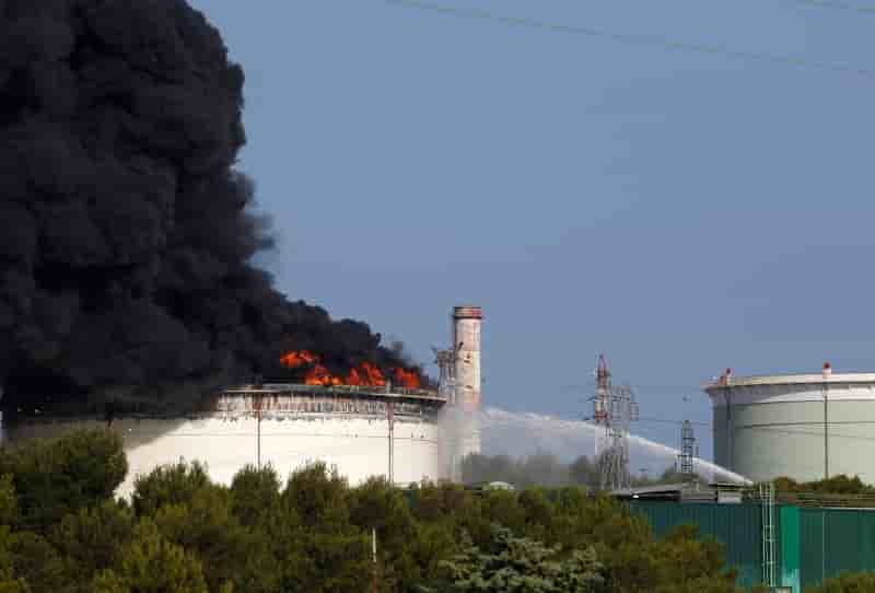 Smoke billows into the sky from one of two fires that started overnight on a petrochemical facility owned by american firm lyondellbasell at the refineries around the etang de berre