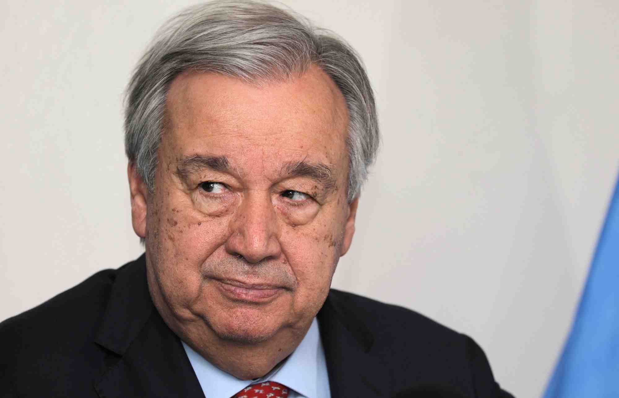 Le secretaire general des nations unies, antonio guterres, lors d'une conference de presse a port-au-prince