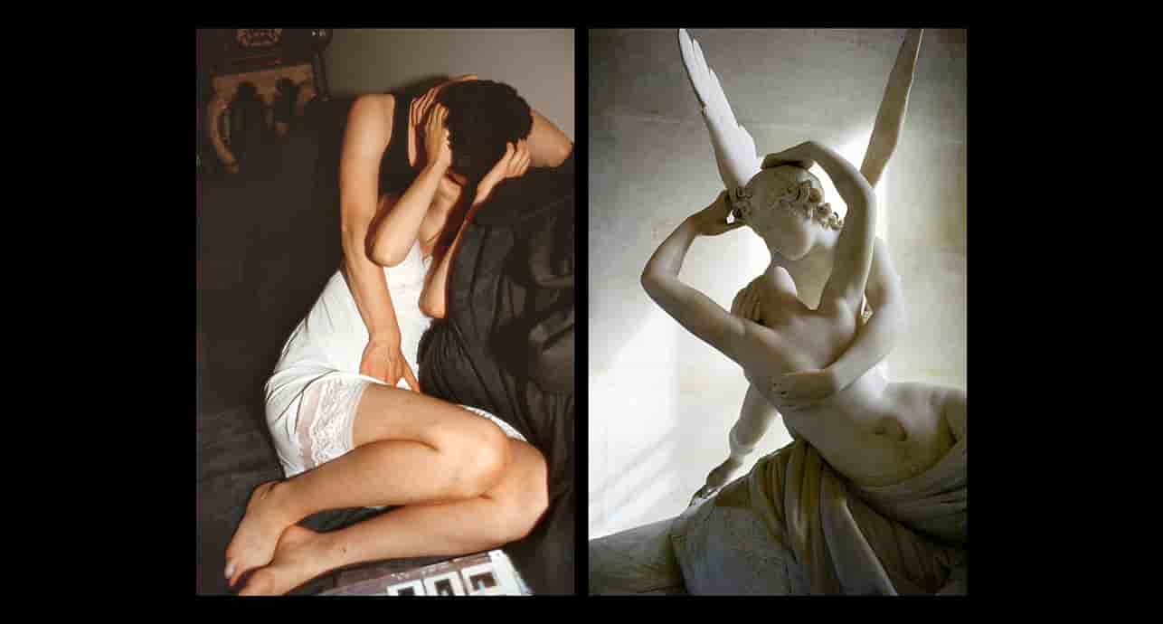 À gauche, Rosaria Schifani, veuve de Vito, garde du corps tué avec le juge Giovanni Falcone, Palerme, 1992, Letizia Battaglia. À droite, « Jeune amour », 2024, Nan Goldin.