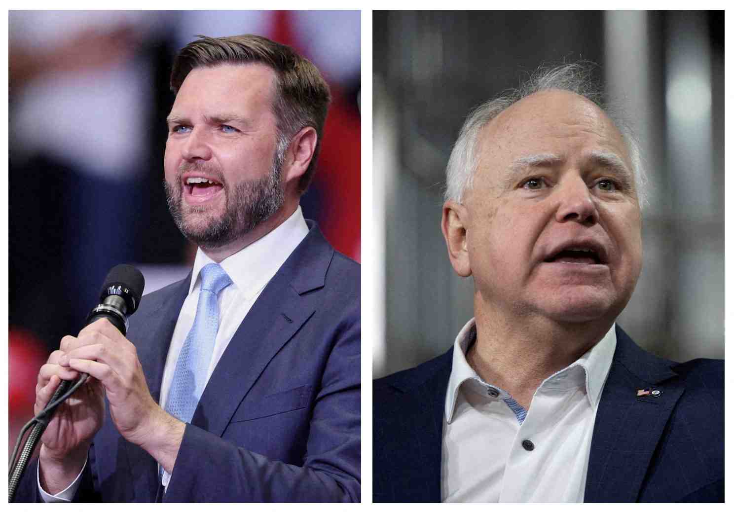 Une combinaison d'images montre j.d. vance, et tim walz