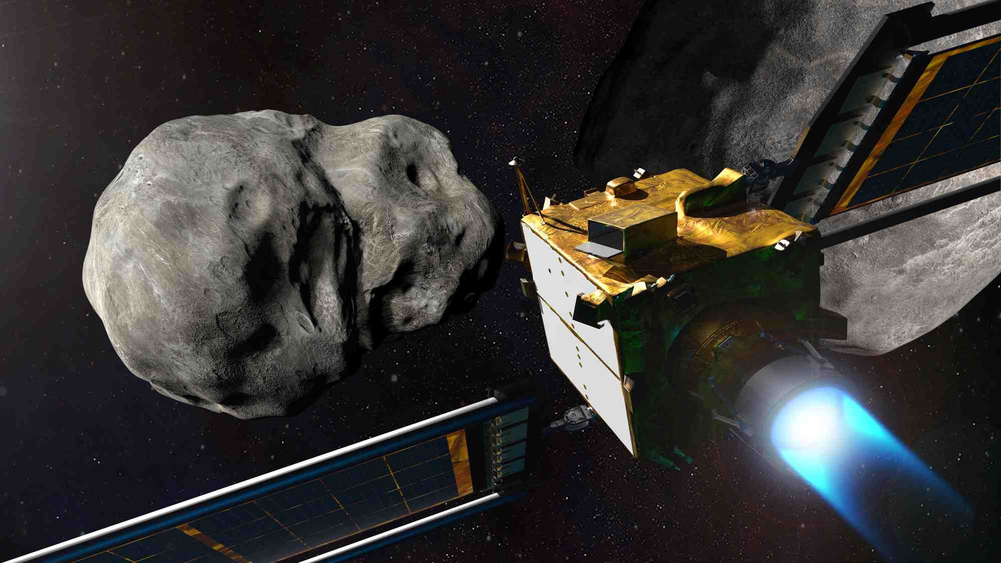 Le vaisseau dart (double asteroid redirection test) de la nasa vant de percuter le petit asteroide dimorphos