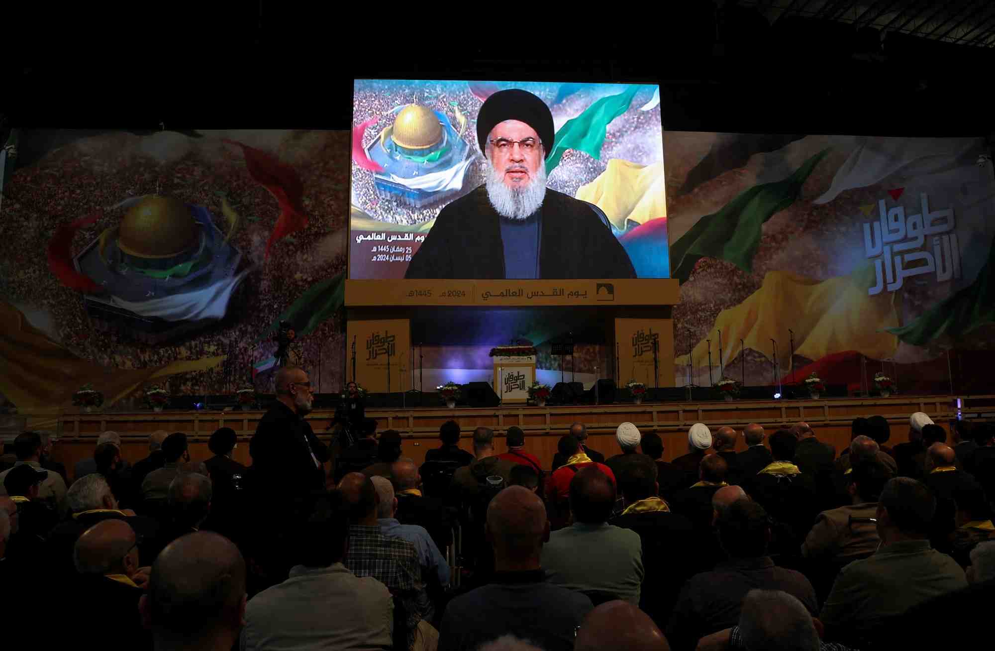 Sayyed hassan nasrallah, prononce un discours televise lors d'un rassemblement marquant la journee al-qods dans la banlieue sud de beyrouth
