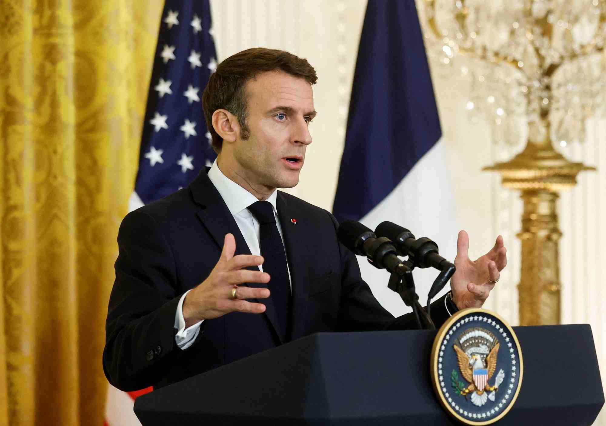 Le president francais emmanuel macron lors d'une conference de presse conjointe avec le president americain joe biden a la maison blanche