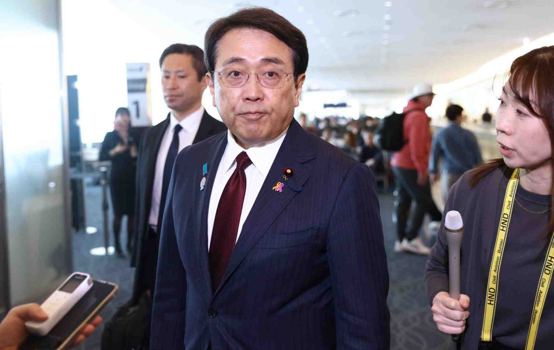Le ministre de la Revitalisation économique du Japon, Ryosei Akazawa, après s'être rendu aux États-Unis en avril 2025 pour négocier au sujet des droits de douane américains.