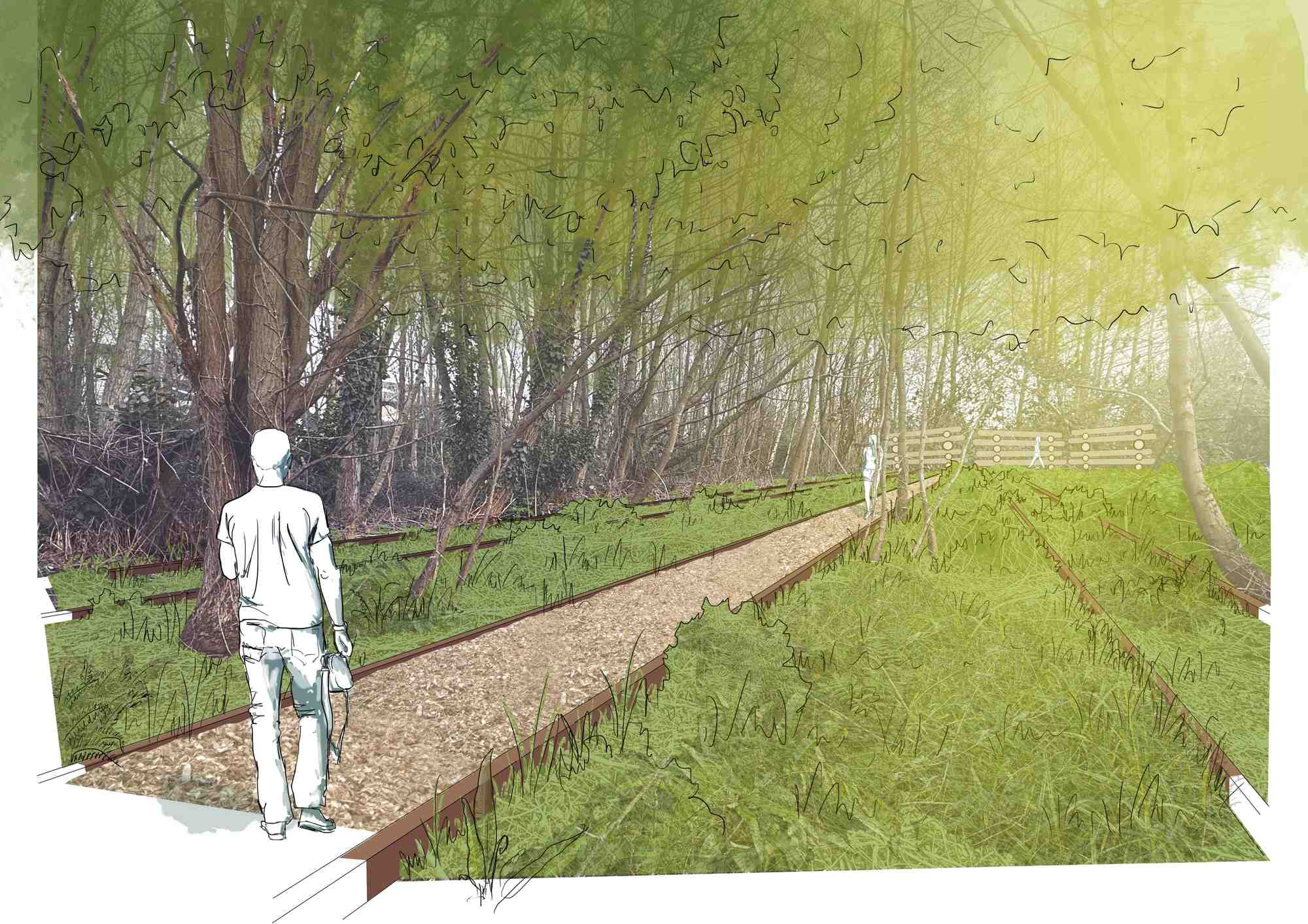 Vue d'artiste du parc urbain, qui prendra place sur une partie de l'emprise de l'éco-quartier, sera livré à l'occasion des festivités du millénaire de Caen, en 2025.