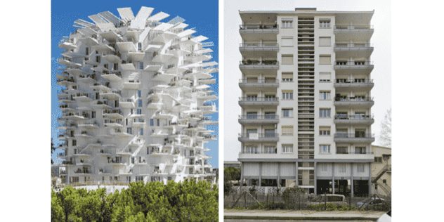 L'Arbre blanc, inauguré en 2019, et le bâtiment construit dans les années 1960 et baptisé "l'arbre gris" par l'architecte Yann Legouis, se font face à Montpellier.