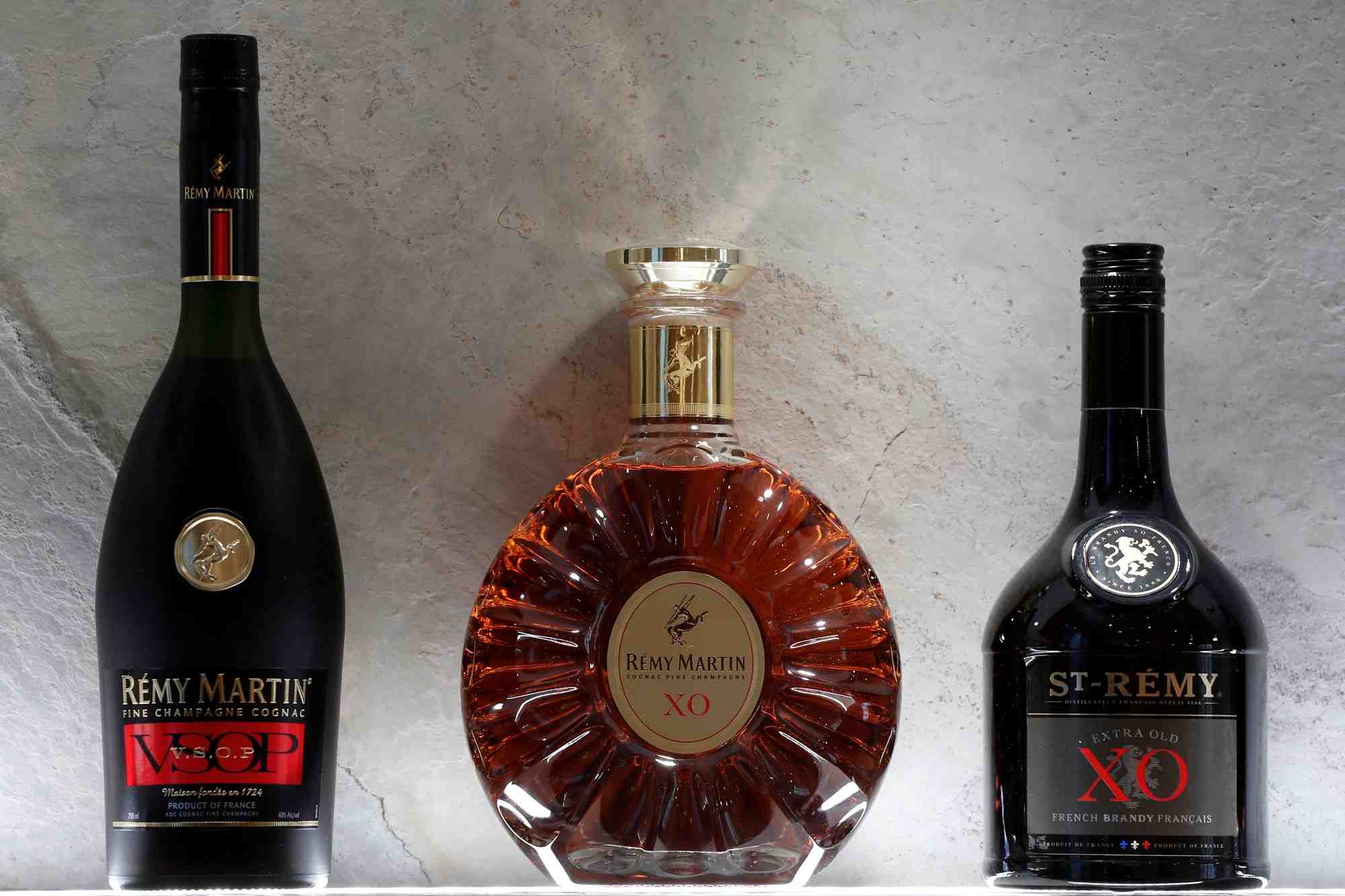 File photo: bottles of remy martin vsop cognac, remy martin xo cognac and st-remy xo brandy are displayed at the remy cointreau sa headquarters in paris