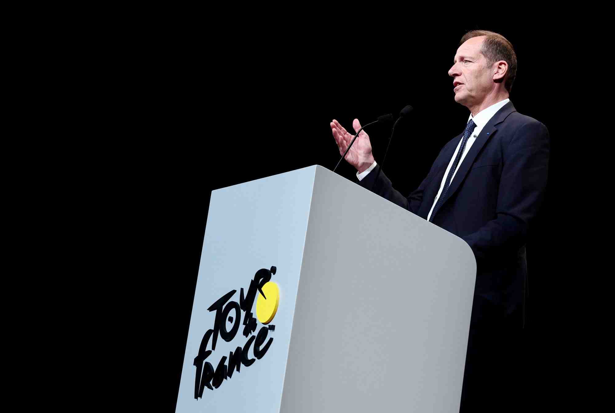 Christian prudhomme, directeur du tour de france, lors d'une presentation a paris