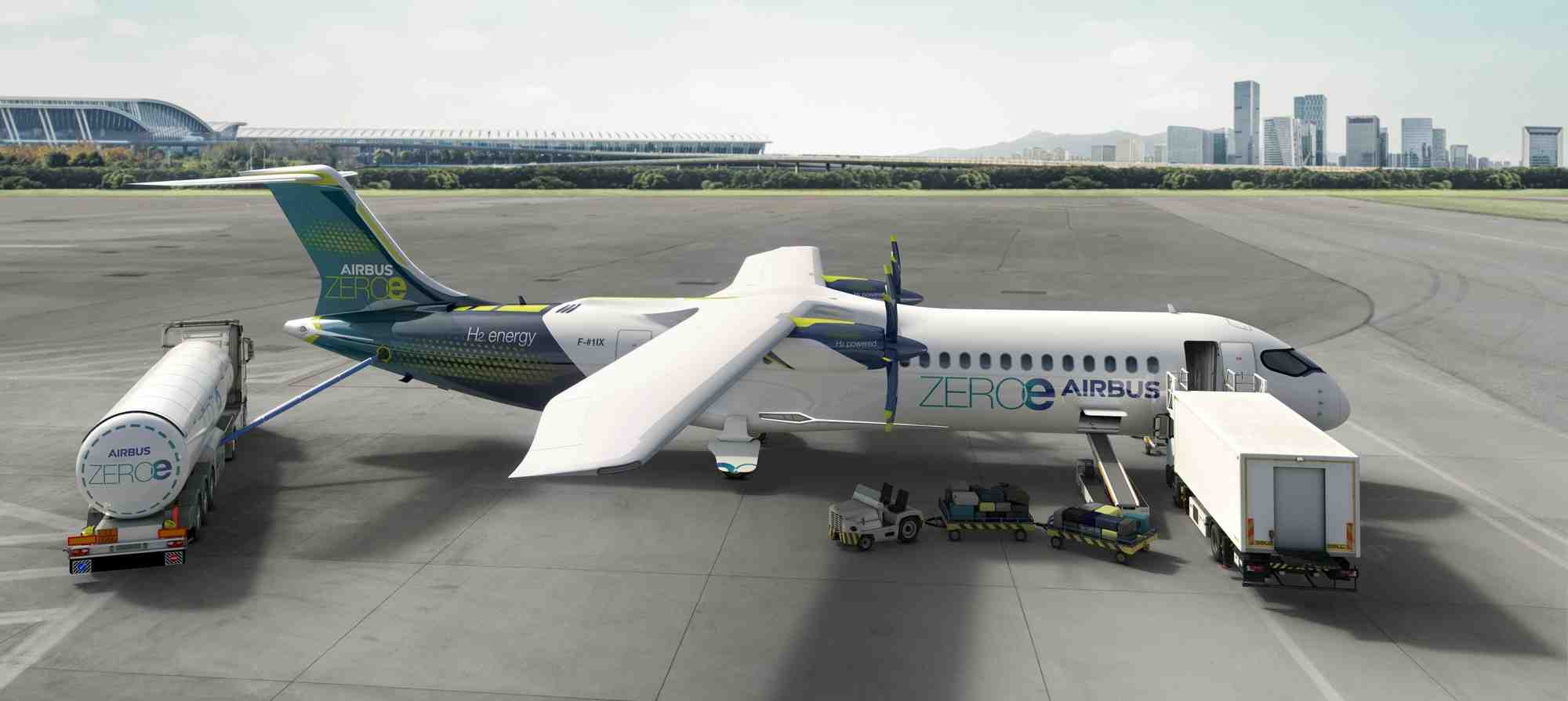 Airbus étudie le concept d'un turbopropulseur pour son futur avion à hydrogène ZEROe, ici sur un aéroport.