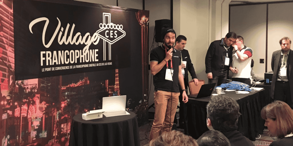 Adrien Content, président de Koovea, lors d'un concours de pitch organisé par le Village francophone au CES de Las Vegas