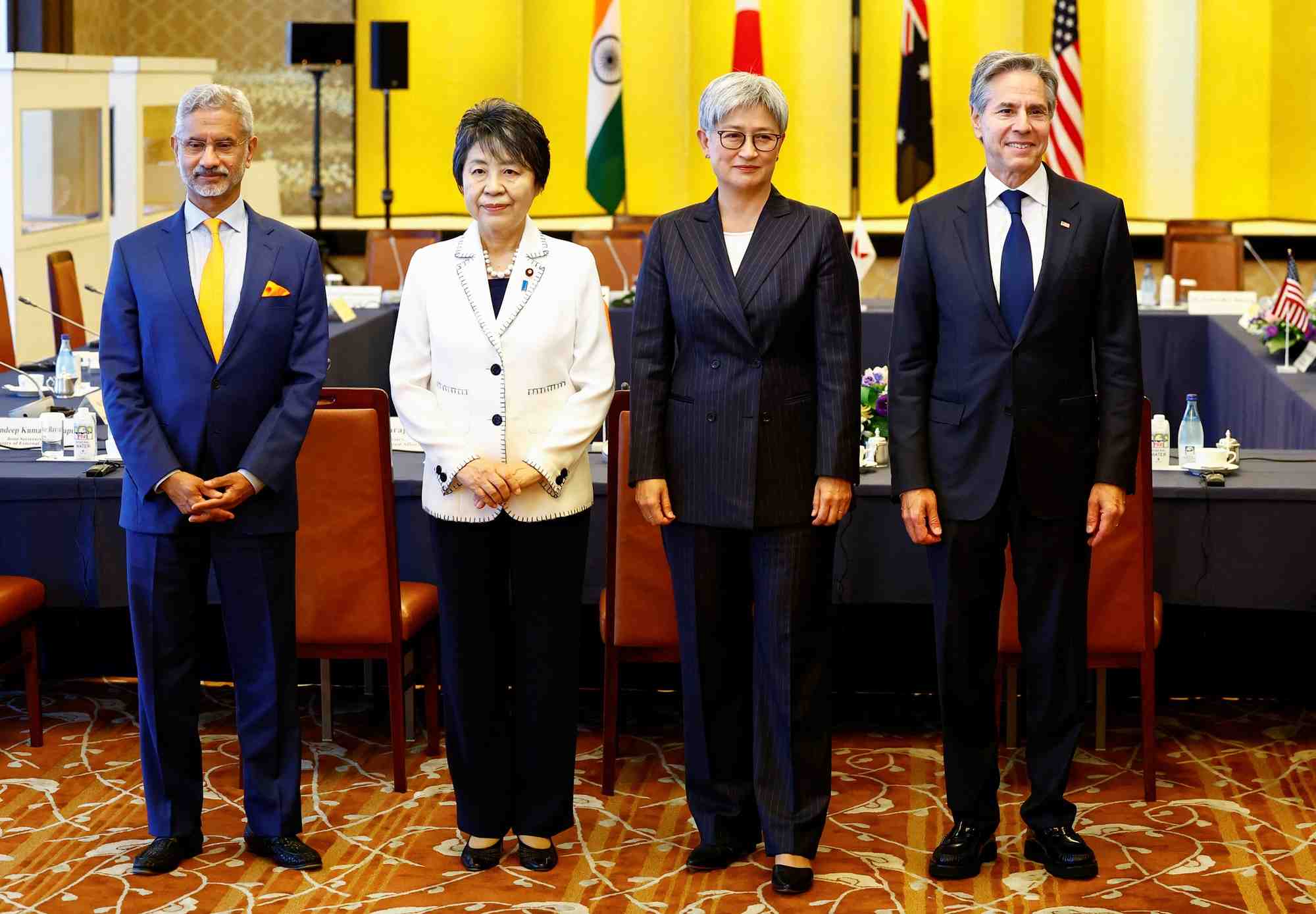Le secretaire d'etat americain antony blinken, la ministre australienne des affaires etrangeres penny wong, le ministre indien des affaires exterieures subrahmanyam jaishankar et la ministre japonaise des affaires etrangeres yoko kamikawa