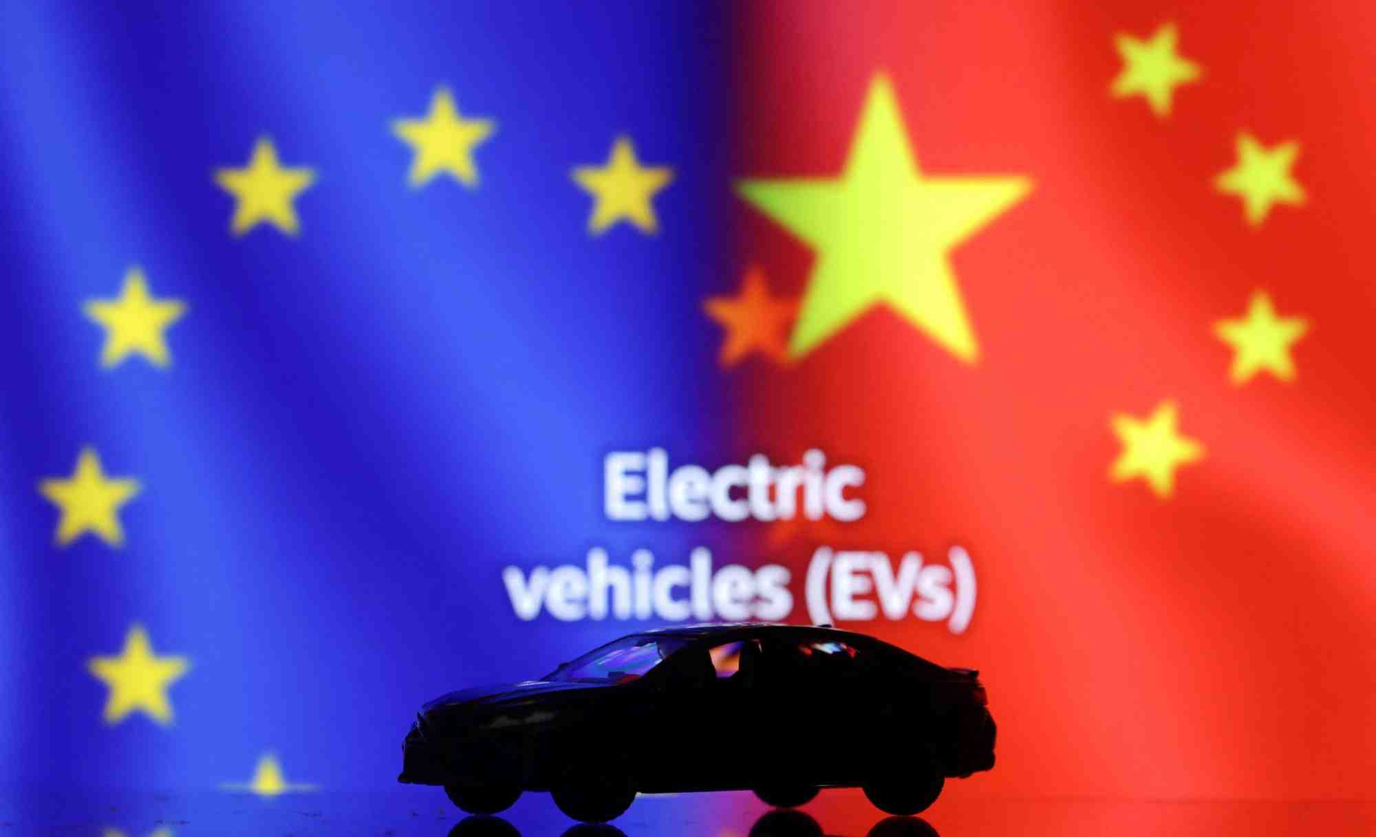 Illustration shows car miniature, "electric vechicles (evs)" words, eu and chinese flags