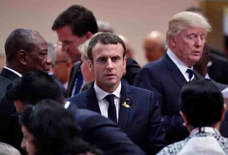 Alpha Condé, Emmanuel Macron et Donald Trump, lors du 12e Sommet du G20, le 8 juillet 2017 à Hambourg en Allemgane.
