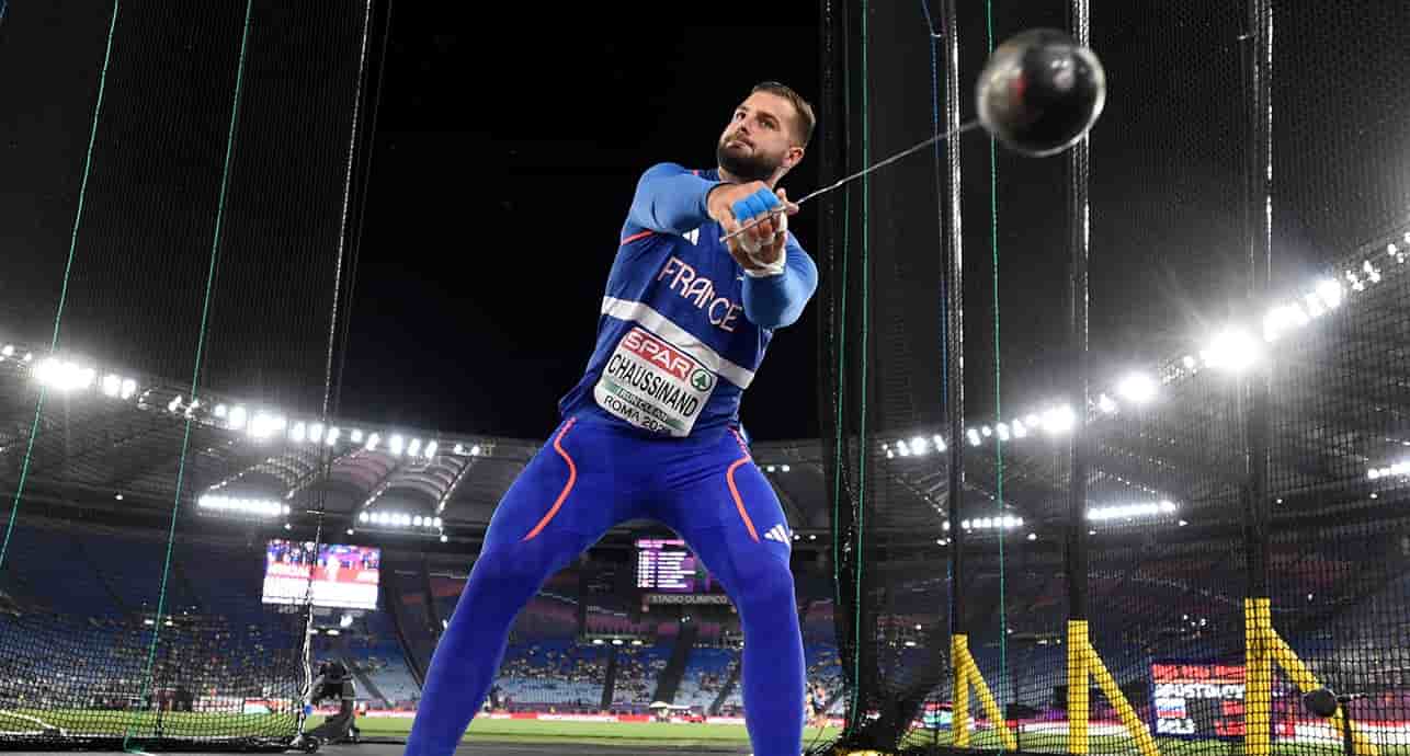 Le Français Yann Chaussinand lors de l'épreuve du lancer du marteau masculin aux Championnats d'Europe d'athlétisme de Rome, le 9 juin 2024.