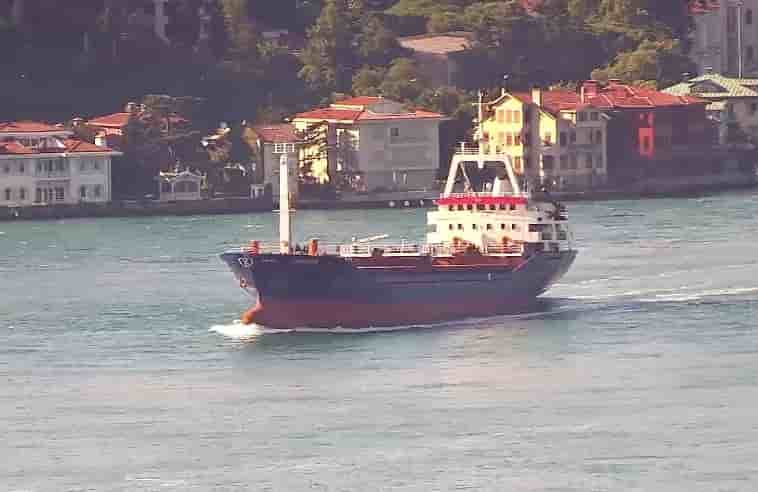 Le navire sukru okan, battant pavillon des palaos, transite par le bosphore a istanbul