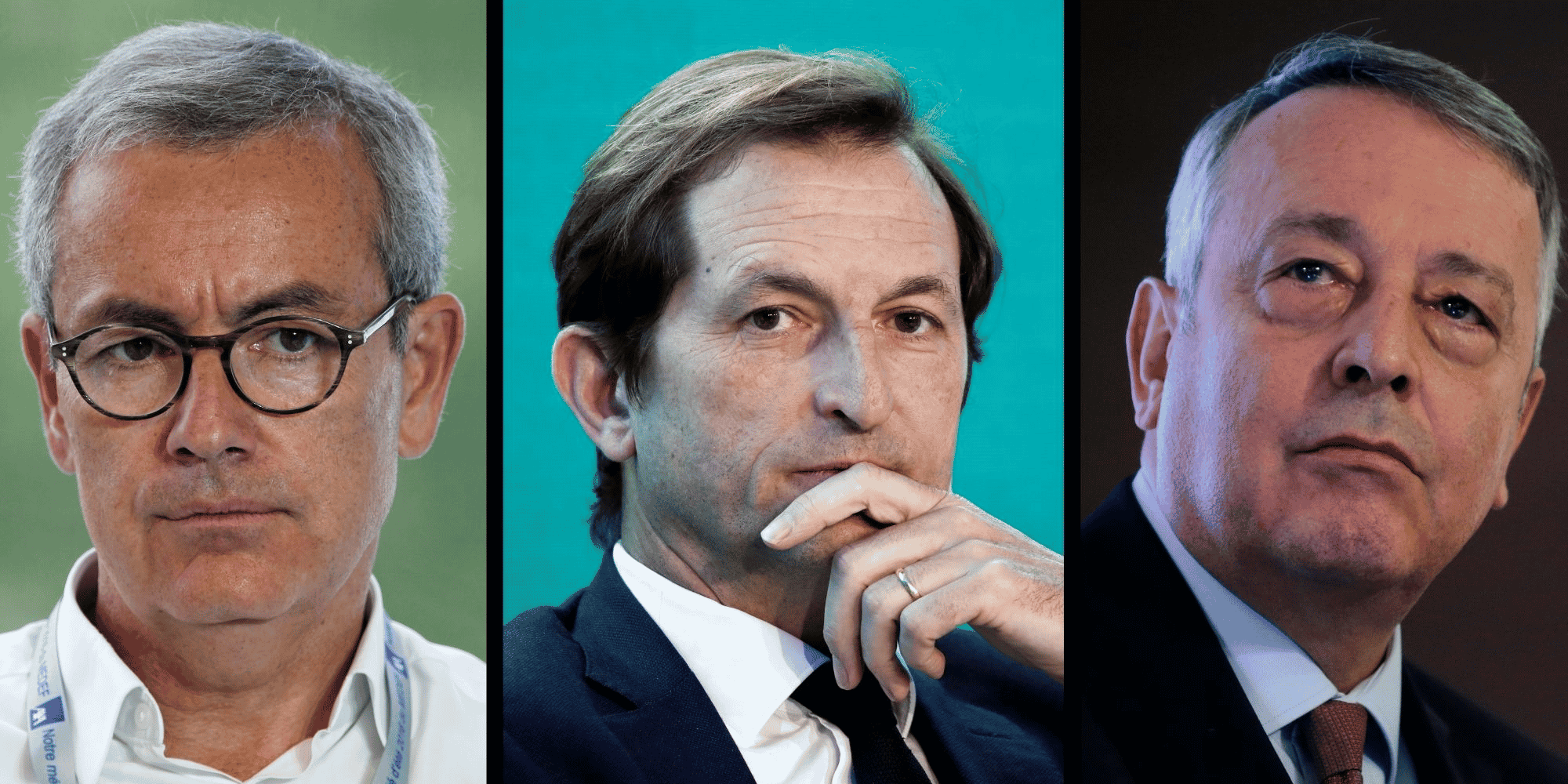 Jean-Pierre Clamadieu, président d'Engie (à g.), Bertrand Camus, directeur général de Suez (au centre) et Antoine Frérot, PDG de Veolia