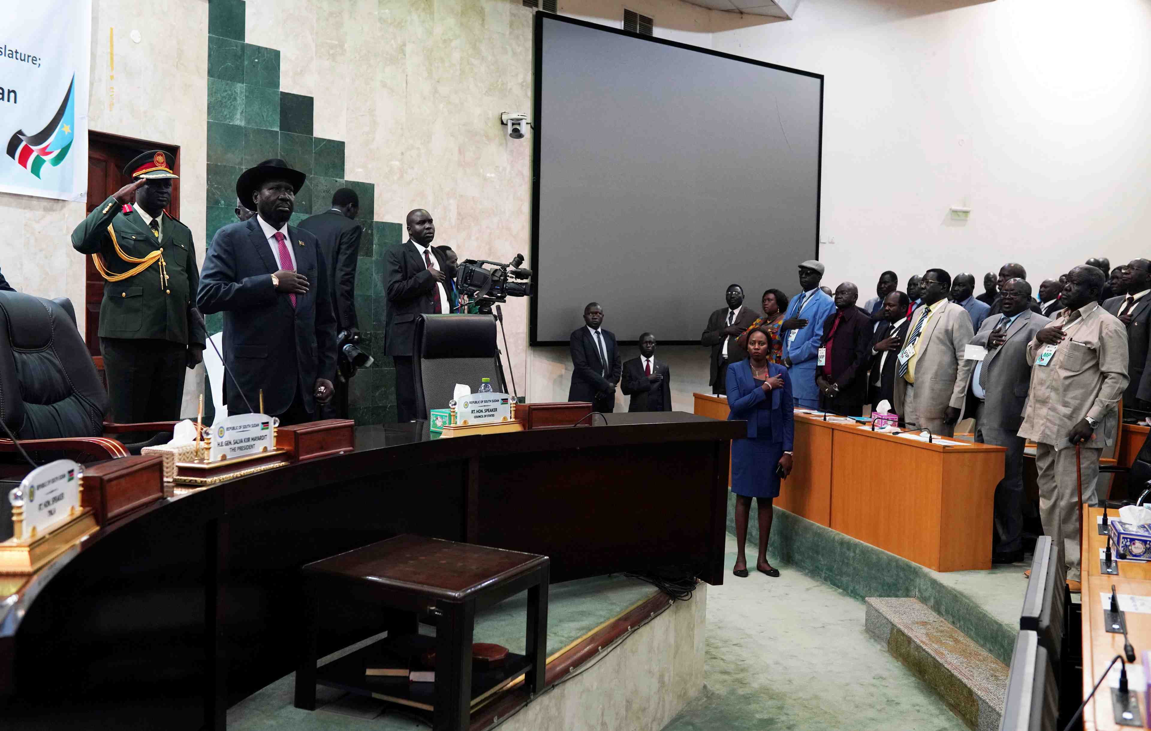 South sudan president salva kiir attends the reopening of the first session of the transitional national legislature, at the parliament building in juba