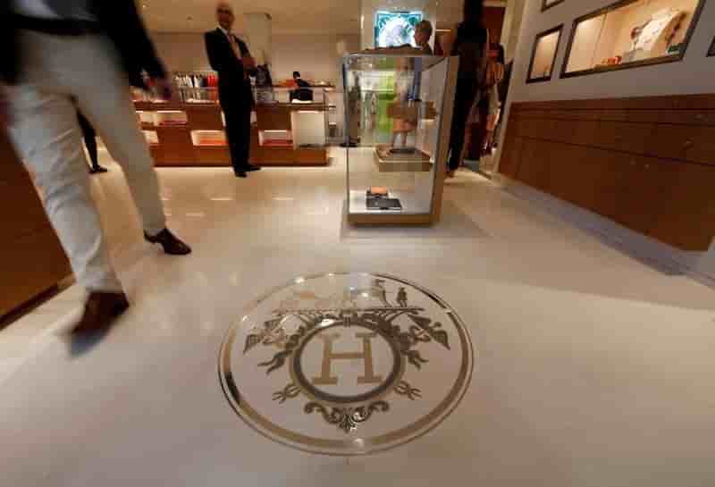 The logo of french luxury group hermes is seen during the inauguration of the commercial zone at the nice international airport terminal 1 in nice