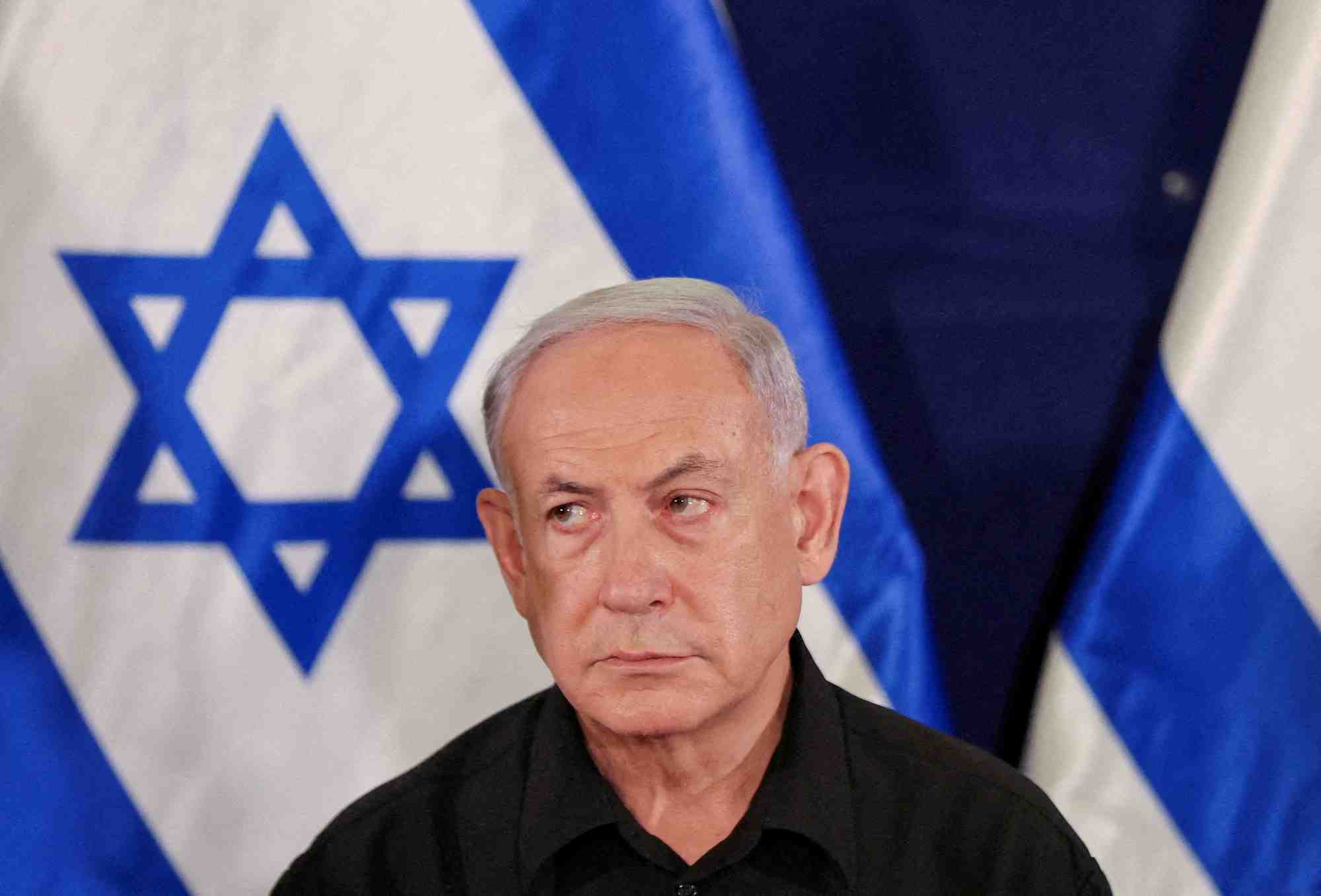 Le premier ministre israelien benjamin netanyahu lors d'une conference de presse a tel aviv, israel