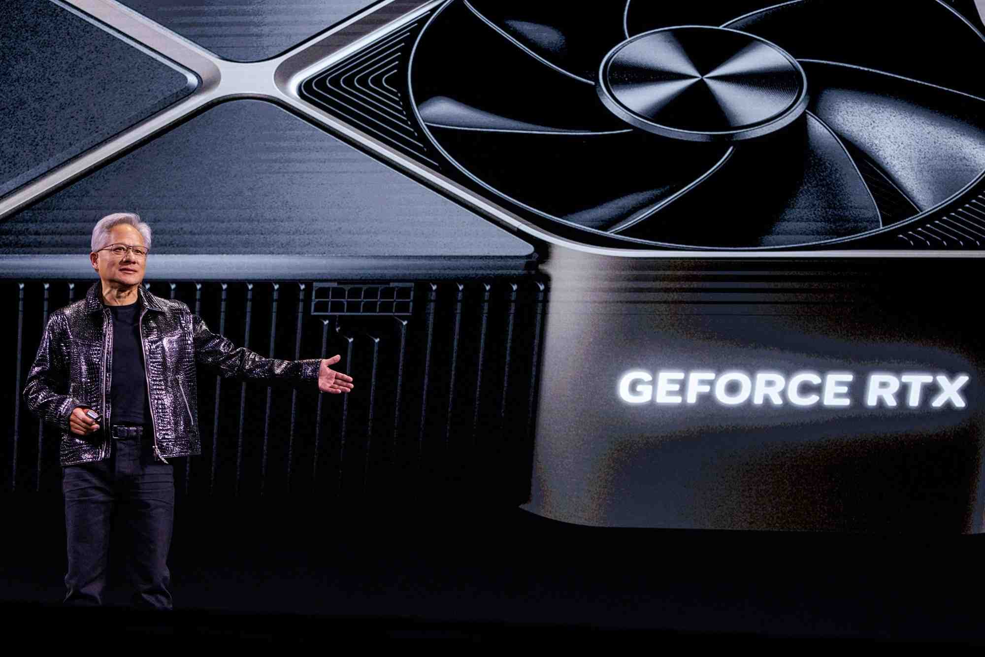 Jensen Huang, PDG de Nvidia, prononce le premier discours du CES 2025 à la Michelob ULTRA Arena au Mandalay Bay à Las Vegas le 6 janvier 2025.