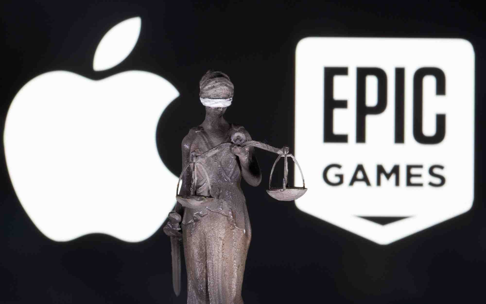 Illustration d'un symbole de justice devant les logos apple et epic games