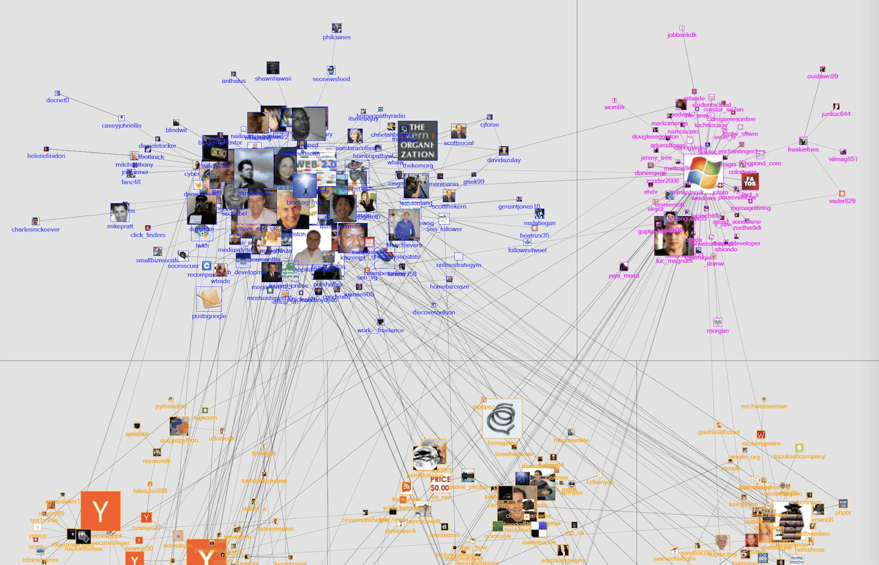 Extrait d'une infographie permettant de visualiser la myriade de connexions entre utilisateurs de Twitter ayant tweeté le mot "algorithme" à un instant "t" [ pour voir l'image originale: https://www.flickr.com/photos/marc_smith/5682971310 ]