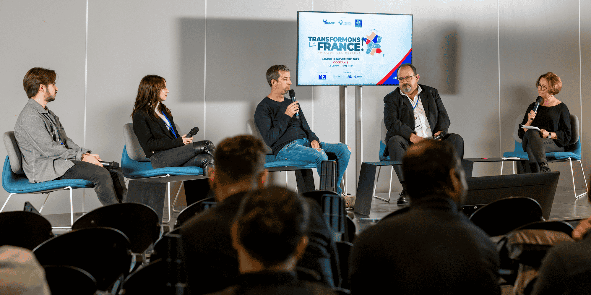 Deux étudiants de l'ESMA étaient aux côtés de Francis Ingrand (Plug in Digital) et de Karim Khenissi (ESMA) pour évoquer la guerre des talents dans le secteur des industries culturelles et créatives, le 14 novembre 2023 sur l'événement Transformons la France à Montpellier.