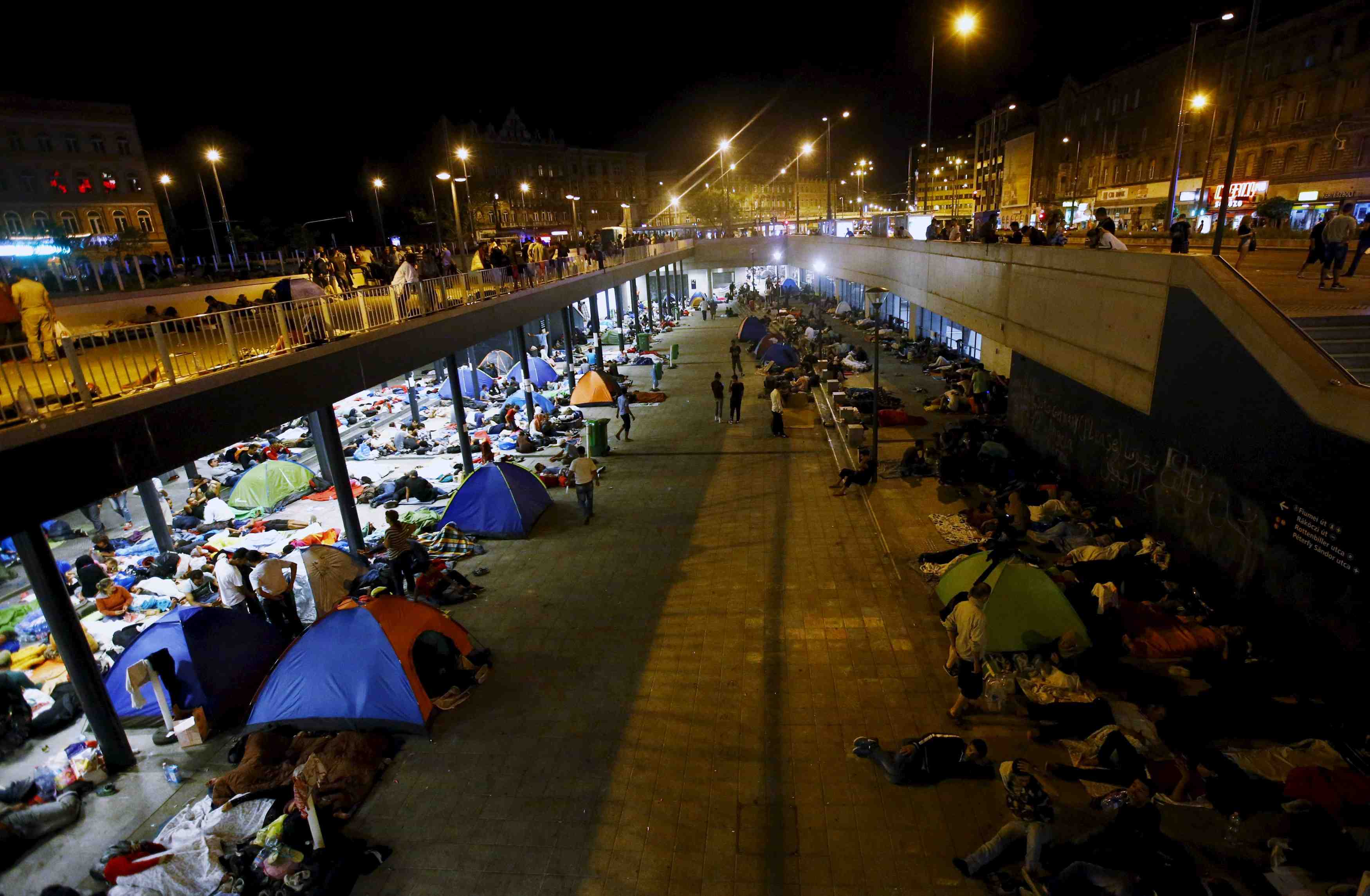 Refugees camp in front of the keleti train station in budapest