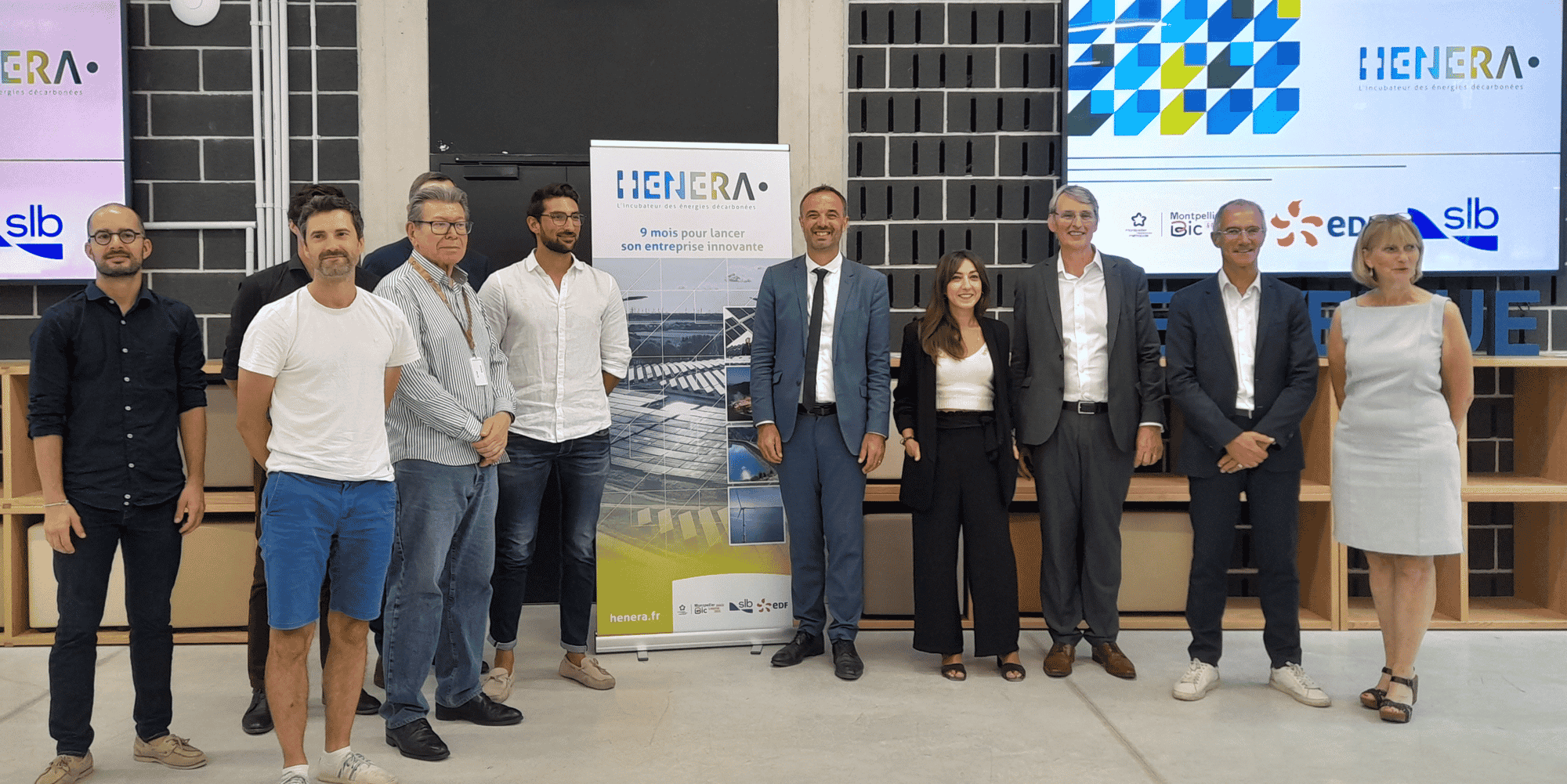 Inauguration officielle de l'incubateur HENERA le 3 septembre 2024 à Montpellier, en présence d'Olivier Peyret (SLB), Sylvaiin Vidal (EDF), Michaël Delafosse (Métropole de Montpellier) et des quatre premières start-up sélectionnées pour suivre le programme d'accompagnement.