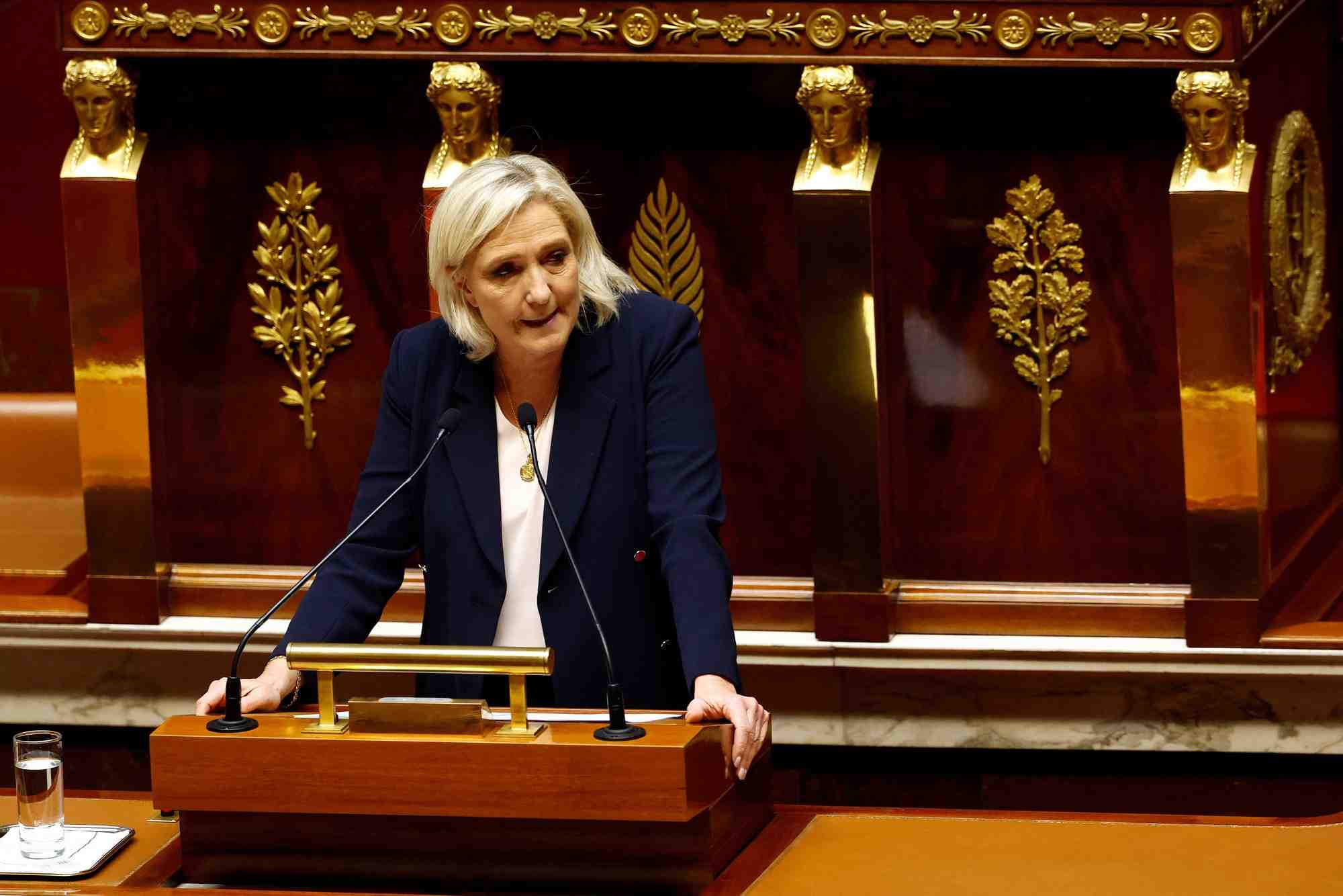 La presidente du groupe parlementaire du rassemblement national (rn), a l'assemblee nationale a paris, france