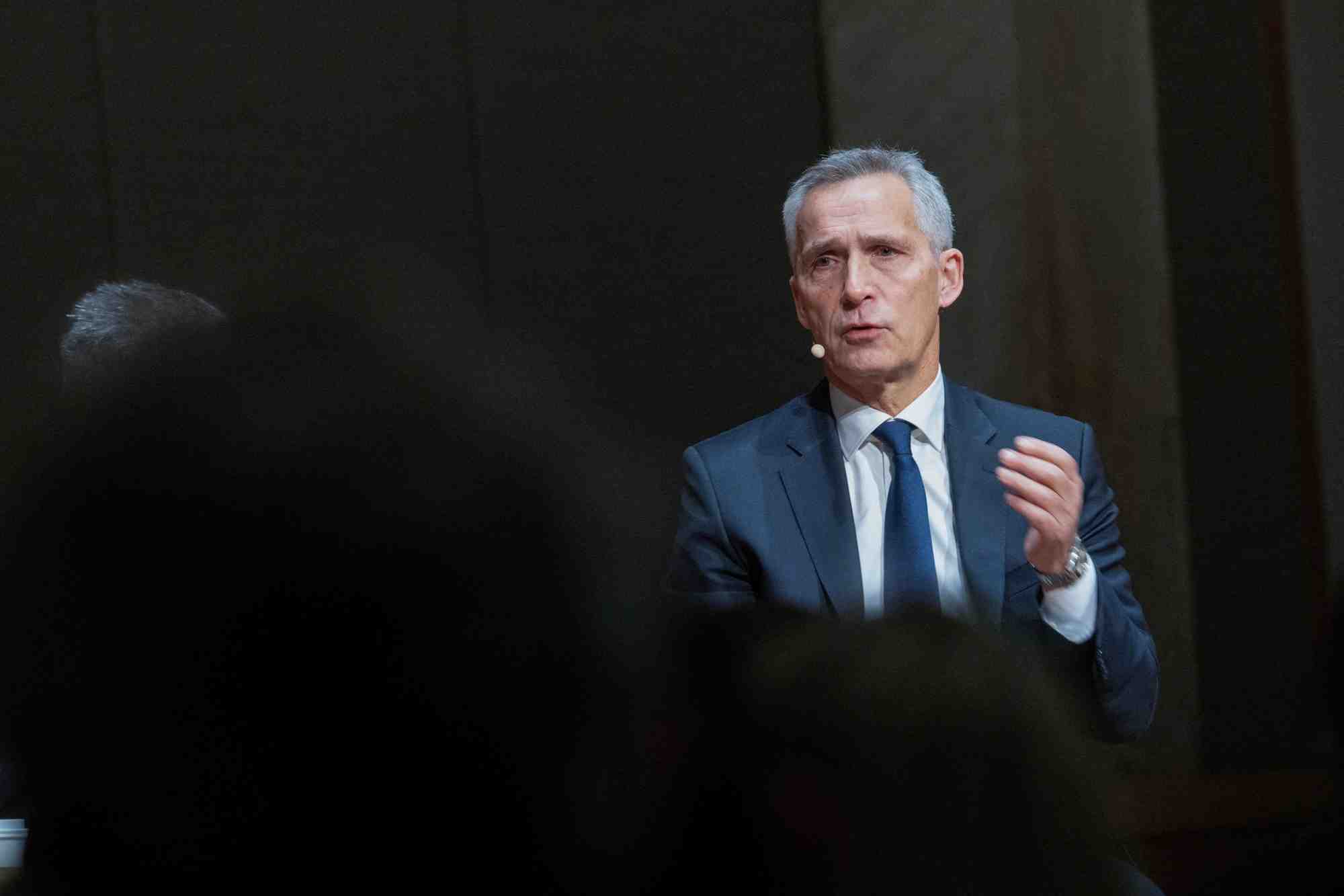 Le secretaire general de l'otan, jens stoltenberg lors du petit dejeuner civita dans l'aula de l'universite a oslo