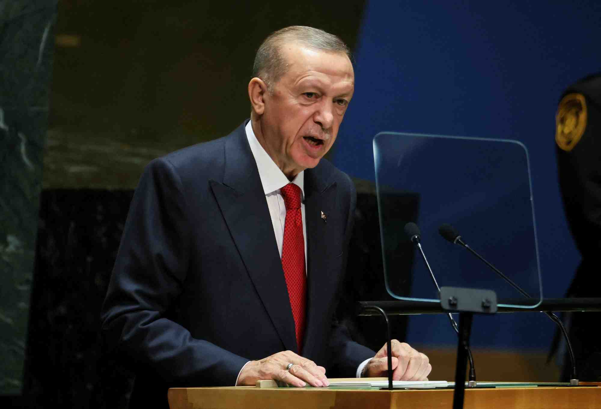Le president turc tayyip erdogan s'adresse a la 78e session de l'assemblee generale des nations unies