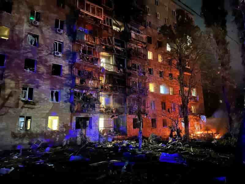 A view shows a damaged apartment building in kursk
