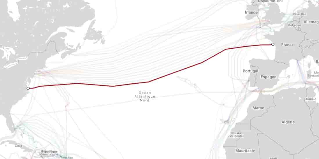 Dunant fait 6.600 km de long et relie la France aux Etats-Unis. Il doit être mis en service cette année. (Crédits: capture d'écran du site Telegeography)